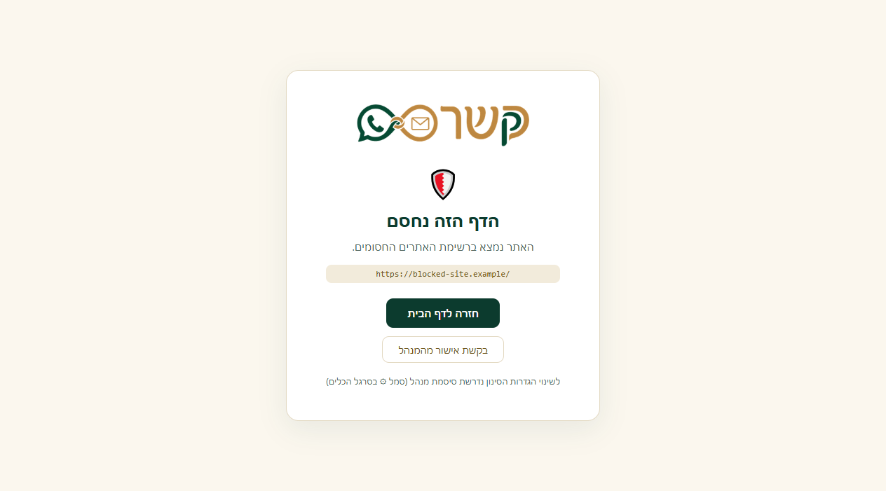 עמוד חסימה - האתר נחסם על ידי הסינון