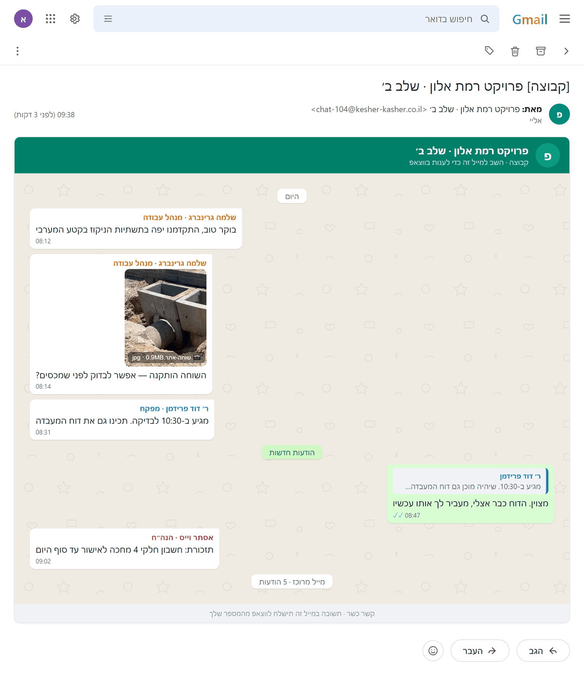 הדמיה: מייל קבוצת עבודה בקשר כשר בתוך Gmail - בועות עם שמות צבעוניים, תמונה מהשטח, ציטוט ומייל מרוכז