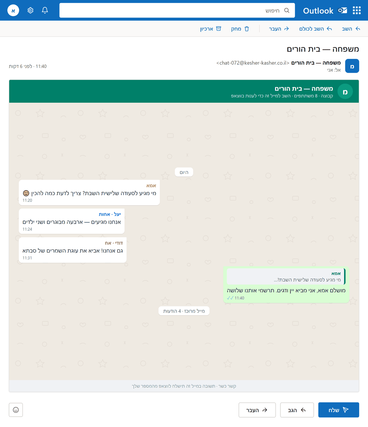 הדמיה: קבוצת משפחה בקשר כשר בתוך Outlook - תיאום סעודת שבת, שמות וצבעים